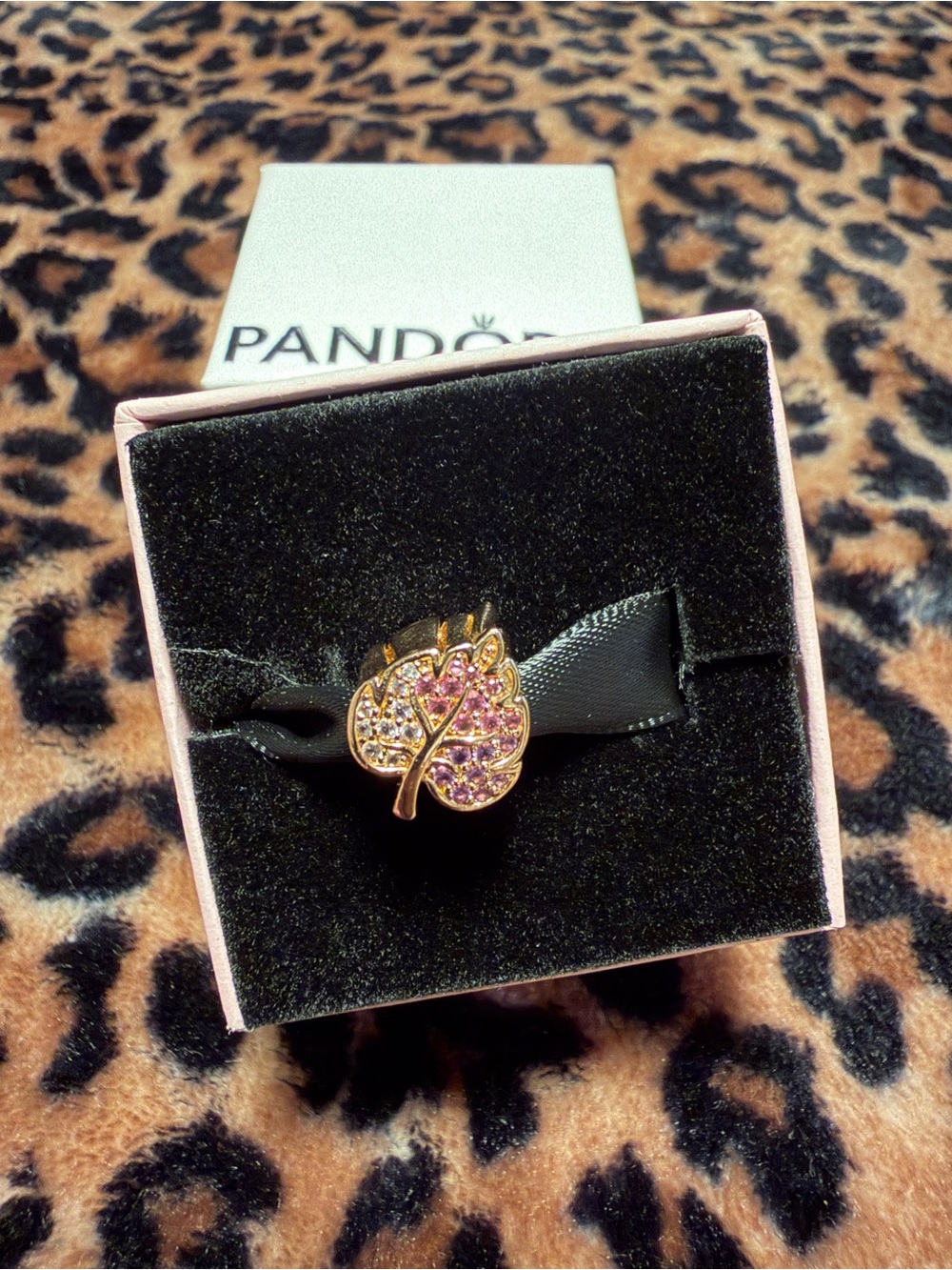 Pandora Rose Gold Leaf Charm with Pink and Clear Stones